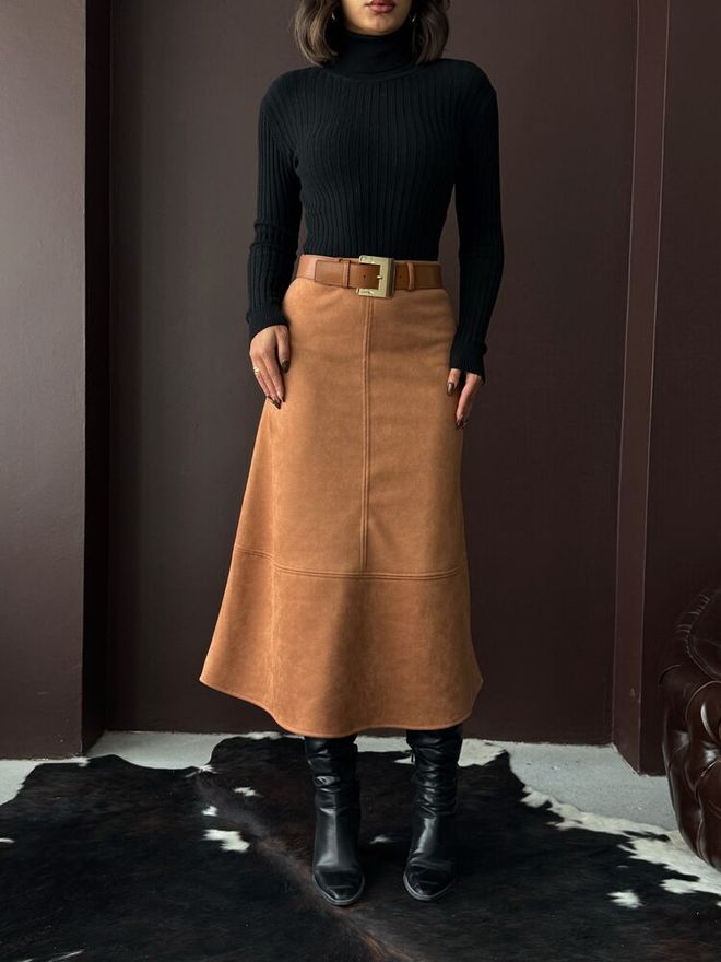 Topshow Brown Flared Midi Skirt High Waist Pull On Wholesale Clothing 1