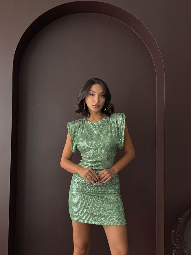 Topshow Yeşil Payetli Kolsuz Bodycon Mini Elbise Toptan Giyim Resmi