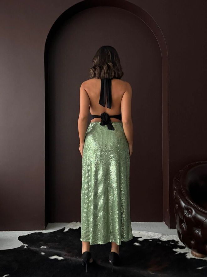 Topshow جيبة بريق أنيقة جذابة رسمية ماكسي من القماش الانزلاقي أخضر ملابس بالجملة رَسمِيّ