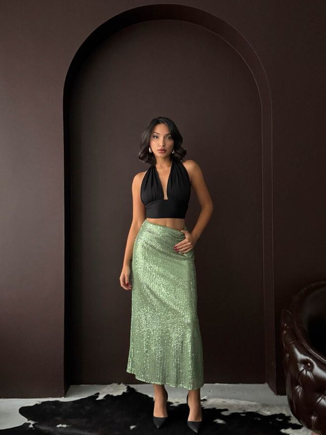 Topshow جيبة بريق أنيقة جذابة رسمية ماكسي من القماش الانزلاقي أخضر ملابس بالجملة عيد الميلاد