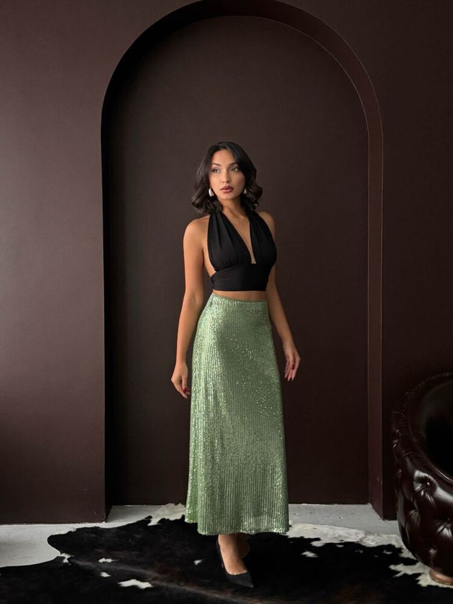 Topshow جيبة بريق أنيقة جذابة رسمية ماكسي من القماش الانزلاقي أخضر ملابس بالجملة 1