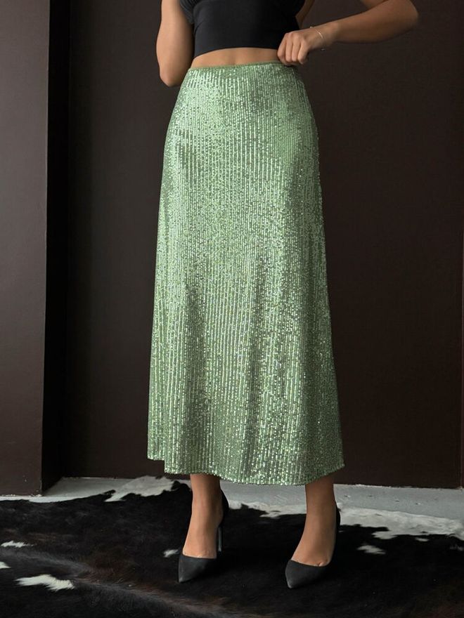 Topshow جيبة بريق أنيقة جذابة رسمية ماكسي من القماش الانزلاقي أخضر ملابس بالجملة ربيع