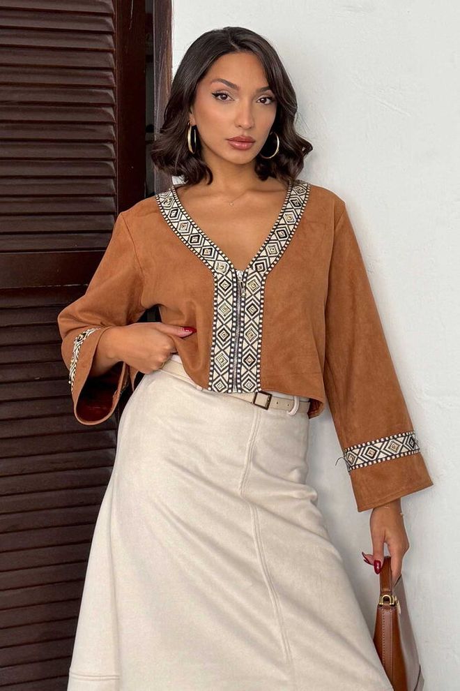 Topshow Καφέ Etnική Μπλούζα Με V λαιμόκοψη Και Γεωμετρικό Σχέδιο Χονδρικό εμπόριο ενδυμάτων Casual