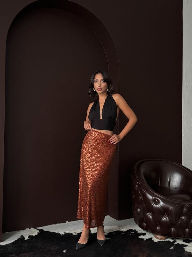 Topshow بني جيبة أنيقة بريق جنسي رسمي ينزلق ماكسي وسط الخصر ملابس بالجملة 1