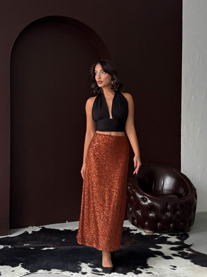 Topshow بني جيبة أنيقة بريق جنسي رسمي ينزلق ماكسي وسط الخصر ملابس بالجملة عيد ميلاد