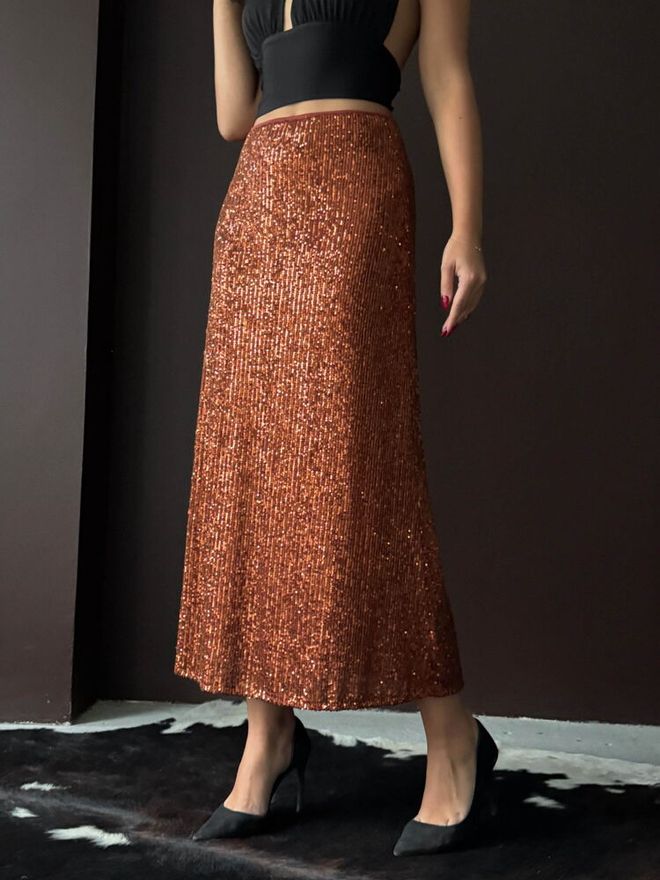 Topshow بني جيبة أنيقة بريق جنسي رسمي ينزلق ماكسي وسط الخصر ملابس بالجملة ربيع