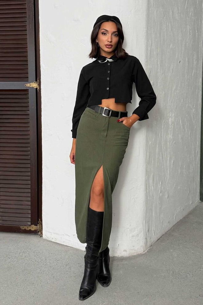 Topshow Zelena Eleganten Midi Svinčnik Krilo Z Visokim Pasom Na Gumbe Oblačila na debelo Ležerno