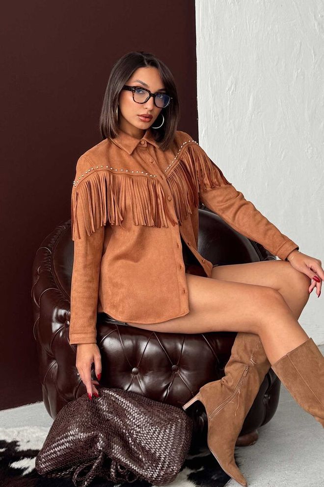 Topshow Kahverengi Ceket Gömlek Ceket İle Klasik Yaka Toptan Giyim Gündelik