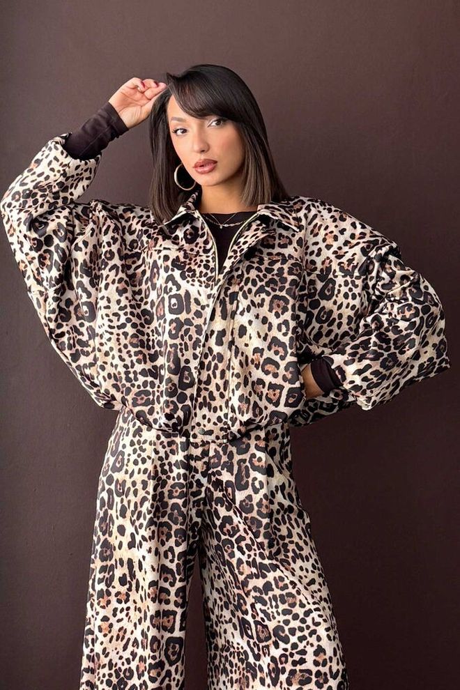 Topshow Rjava Oversized Jakna Z Leopardjim Tiskom Oblačila na debelo 1