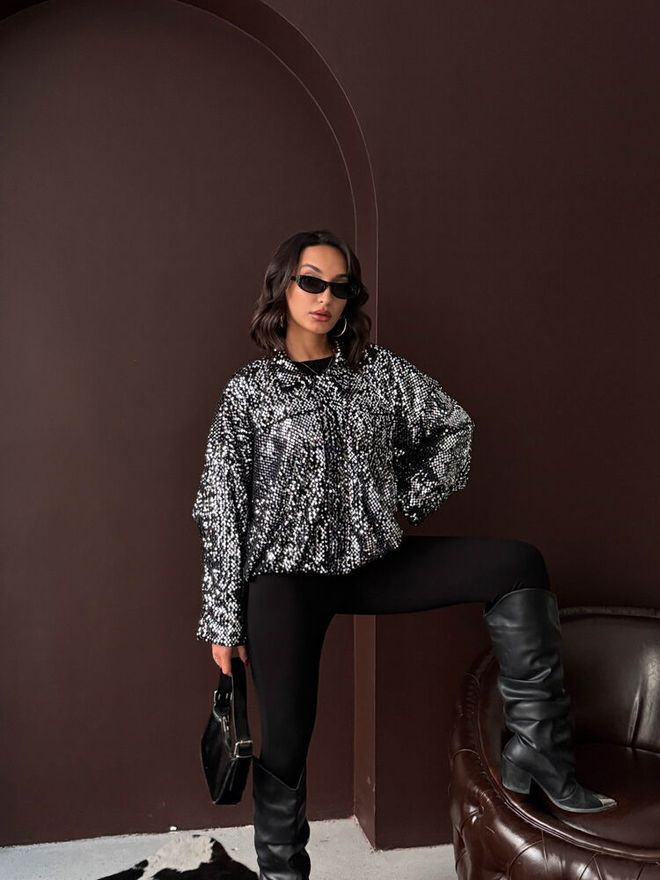 Topshow Zwarte Glam Bomber Jas Groothandel Kleding Verjaardag