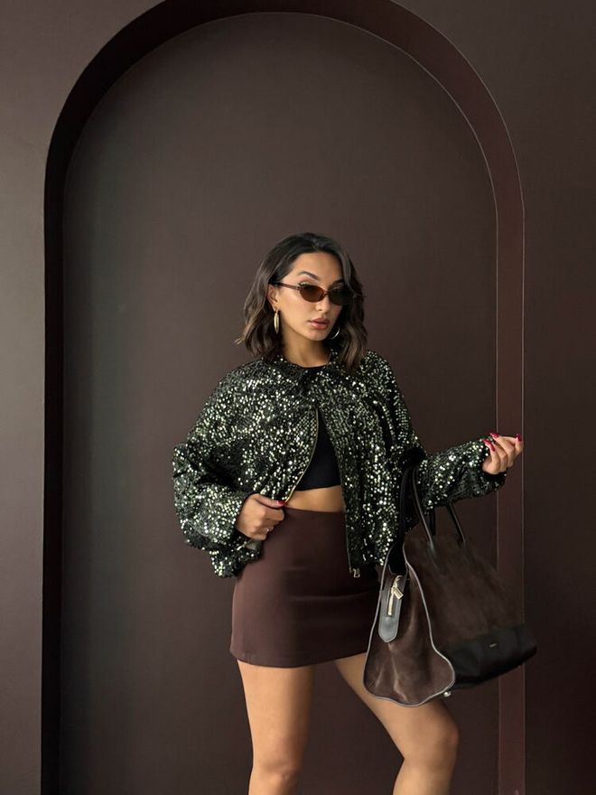 Topshow Zwarte Pailletten Bomber Jas Groothandel Kleding Verjaardag