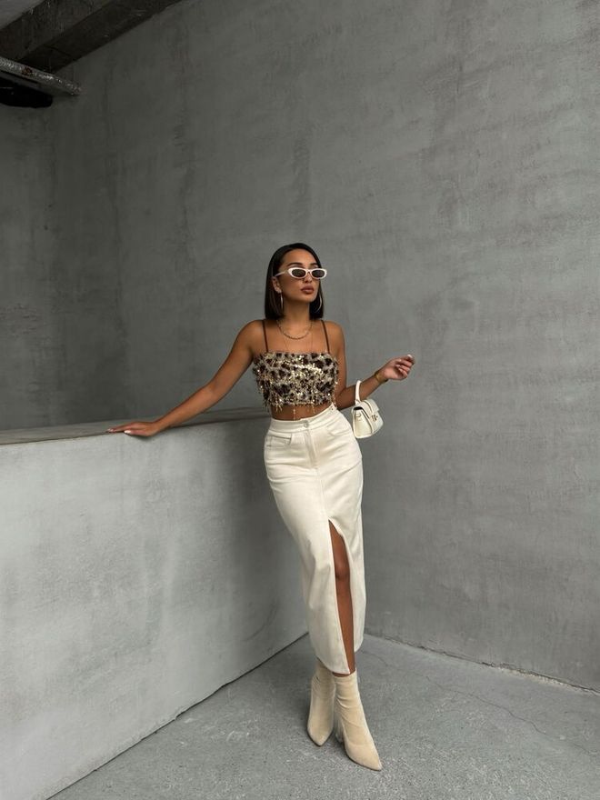 Topshow Zlatá Flitrová Priliehavá Krátka Blúzka Veľkoobchod s oblečením Narodeniny