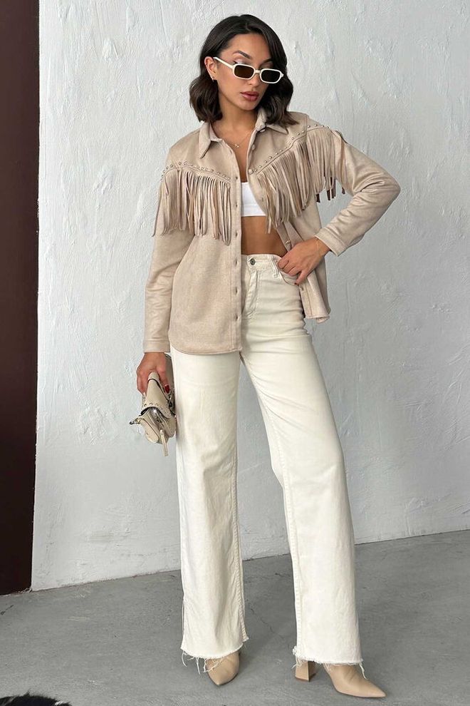 Topshow Chemise Beige Western Décontractée Boutonnée Vêtements en gros Décontracté