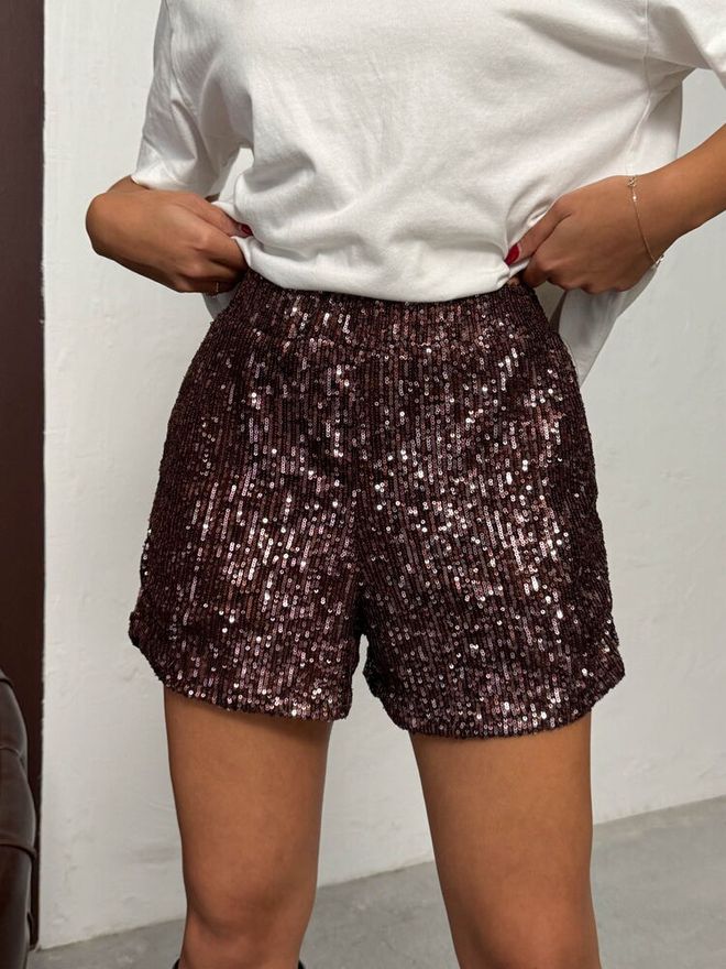 Topshow Bruine Pailletten Glam Bermudashorts Hoge Taille Groothandel Kleding Lente