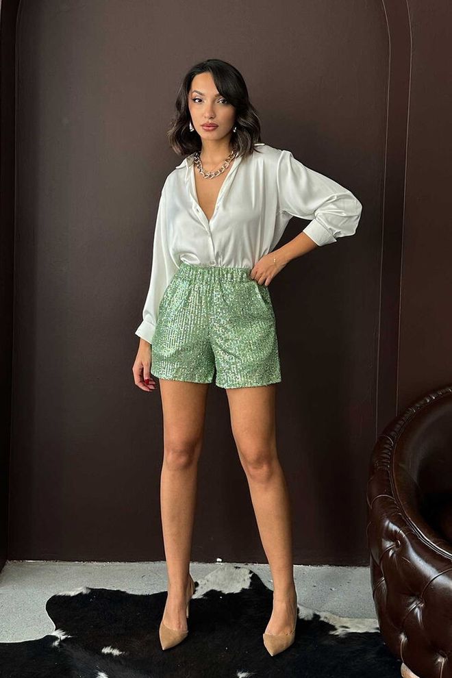 Topshow Calções Verdes Glamorosos Elegantes Formais Roupas por atacado Formal