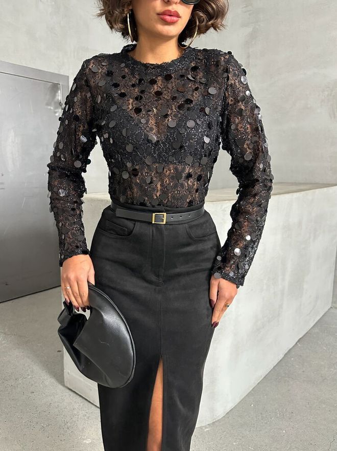 Topshow بلوزة أسود أنيق بريق رسمي جنسي ملابس بالجملة عمل