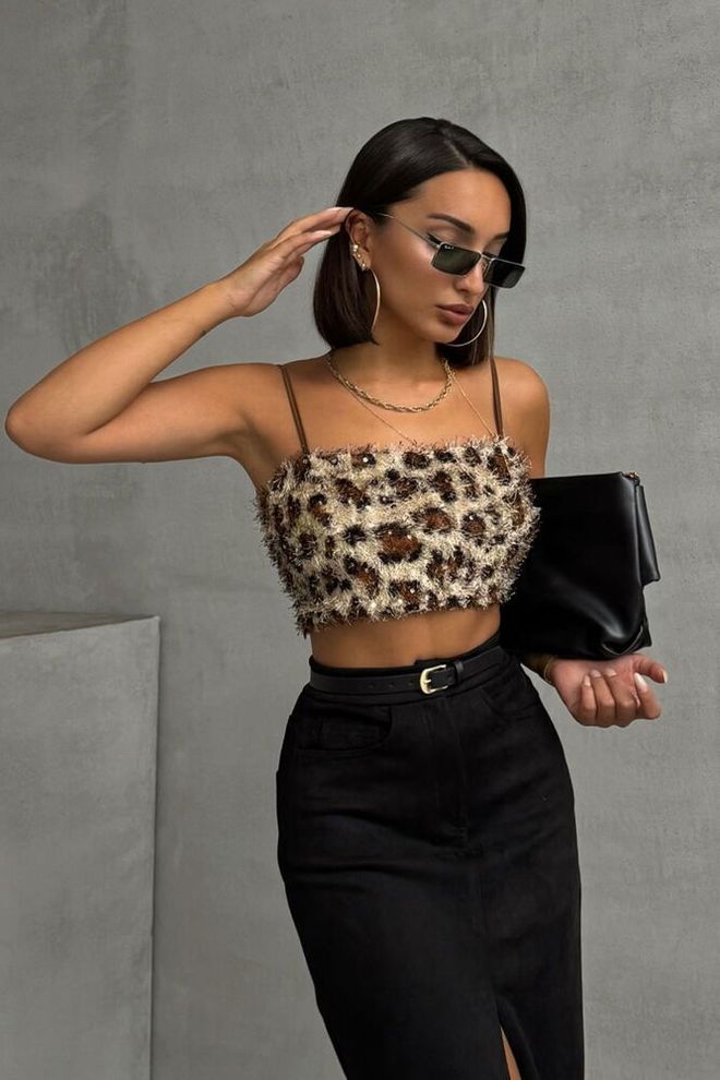 Topshow Brown Sexy Fitted Crop Blouse With Animal Print Wholesale Clothing Casual