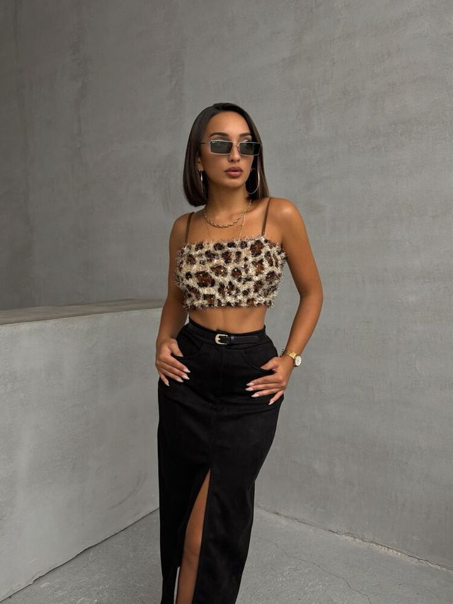 Topshow Hnedá Sexy Na Telo Skrátená Blúzka S Zvieracou Potlačou Veľkoobchod s oblečením Narodeniny