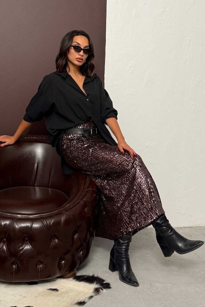 Topshow جيبة أرجواني داكن مطرزة بريق ماكسي عالية الخصر ملابس بالجملة كلاسيكي