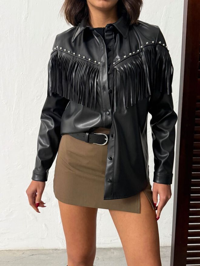 Topshow Camisa Preta Western Casual Elegante Com Fecho De Encaixe Roupas por atacado Primavera