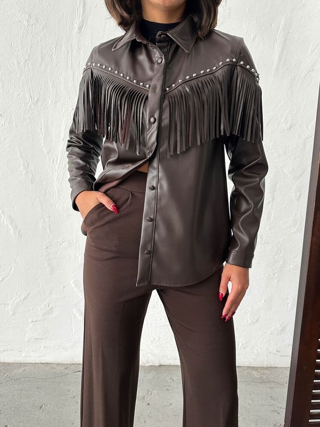 Topshow Camisa Casual Western Castanho Roupas por atacado Primavera