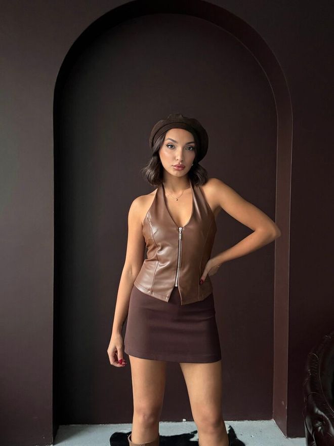 Topshow Brown Fitted Zip Up Vest For Work And Party Wholesale Clothing 1