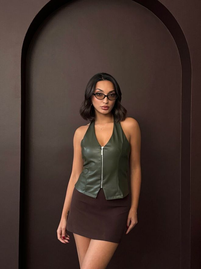 Topshow Green Fitted Zip Up Vest Wholesale Clothing 1