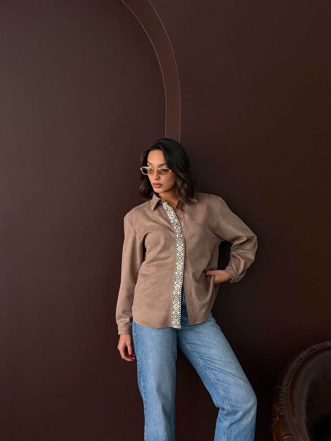 Topshow Καφέ Casual Κομψό Γεωμετρικό Πουκάμισο Με Γιακά Πόλο Χονδρικό εμπόριο ενδυμάτων 1