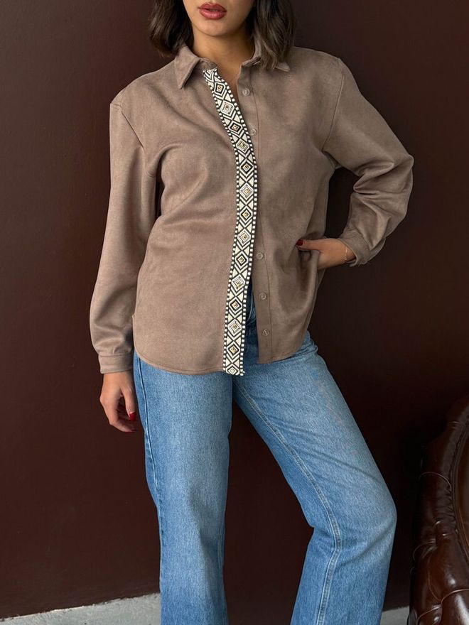 Topshow Καφέ Casual Κομψό Γεωμετρικό Πουκάμισο Με Γιακά Πόλο Χονδρικό εμπόριο ενδυμάτων Άνοιξη