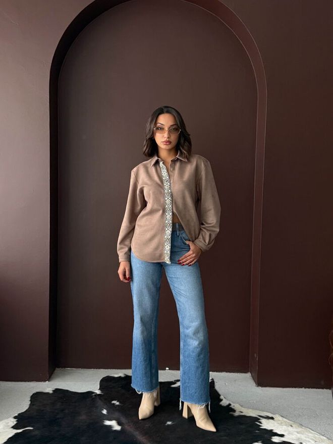 Topshow Καφέ Casual Κομψό Γεωμετρικό Πουκάμισο Με Γιακά Πόλο Χονδρικό εμπόριο ενδυμάτων Σαλόνι