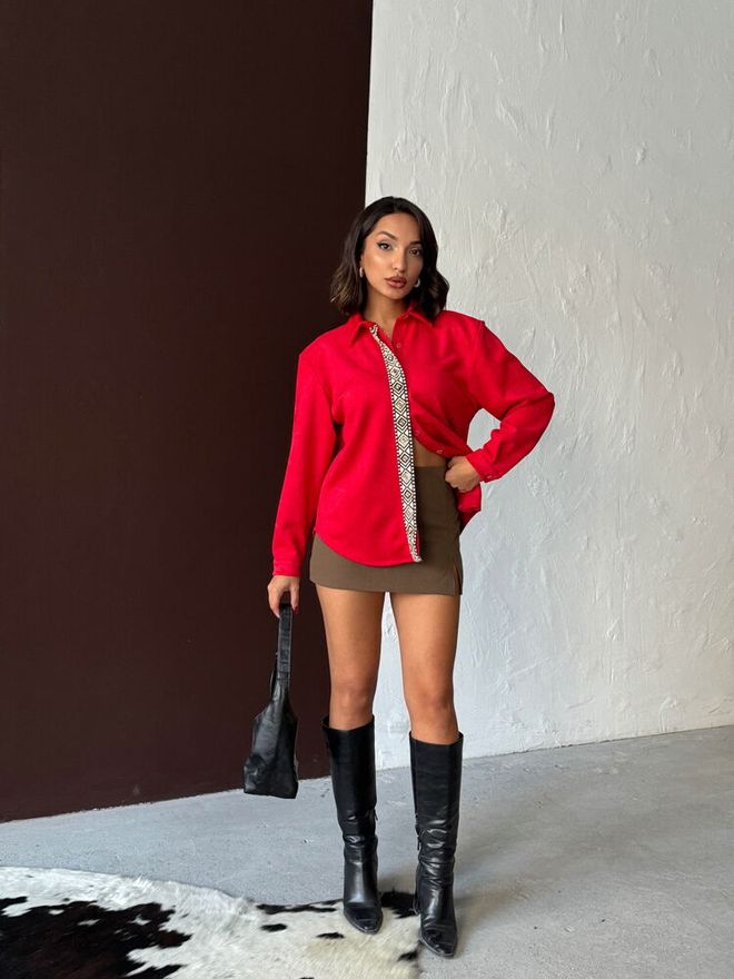 Topshow Красная Повседневная Рубашка С Оверсайз И Воротником поло Оптовая продажа одежды 1