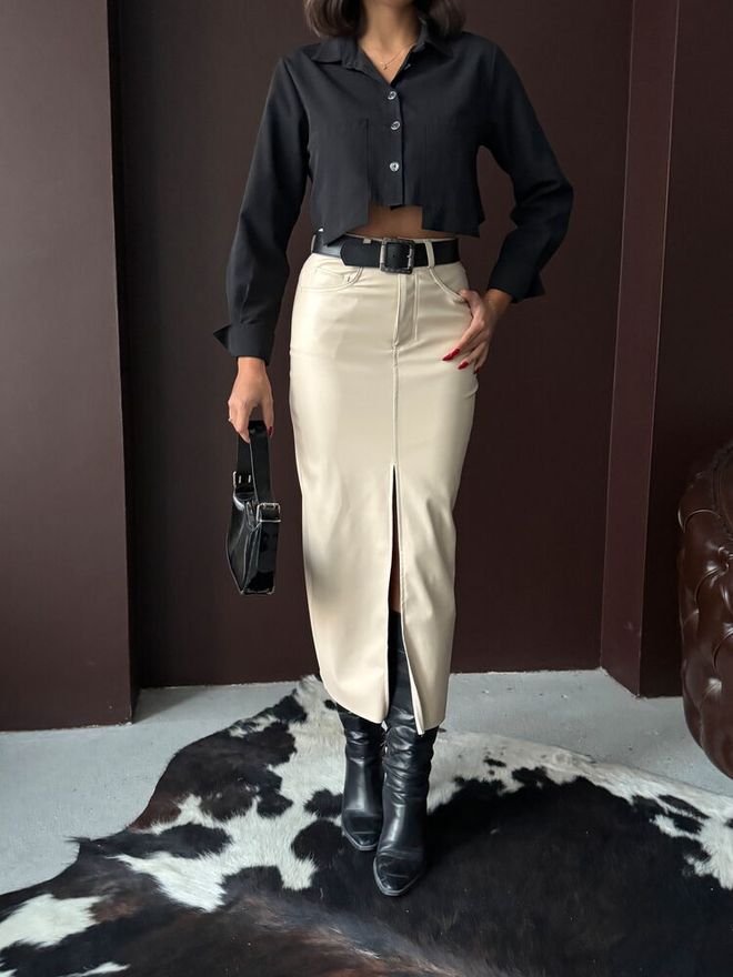 Topshow Smėlio Spalvos Midi Pieštuko Sijonas Su Aukštu Liemeniu Ir Užtrauktuku Didmeninė prekyba drabužiais 1