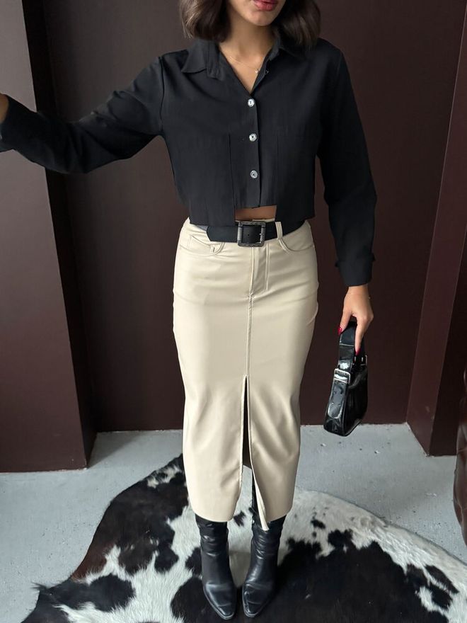 Topshow Smėlio Spalvos Midi Pieštuko Sijonas Su Aukštu Liemeniu Ir Užtrauktuku Didmeninė prekyba drabužiais Vasara