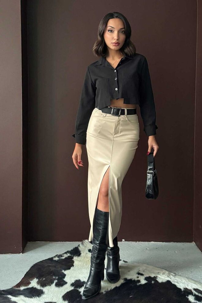 Topshow Béžová Puzdrová Midi Sukňa S Vysokým Pásom A Zipsom Veľkoobchod s oblečením Neformálny