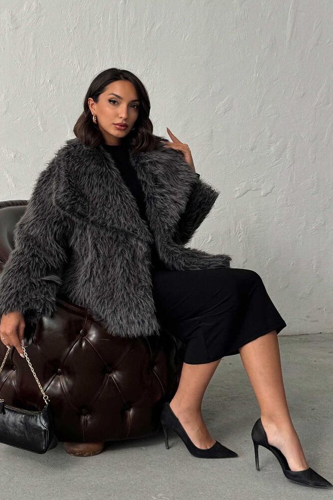 Topshow Gri Kürk Ceket Zarif Bol Kalıp Çentikli Yaka Toptan Giyim Nostaljik