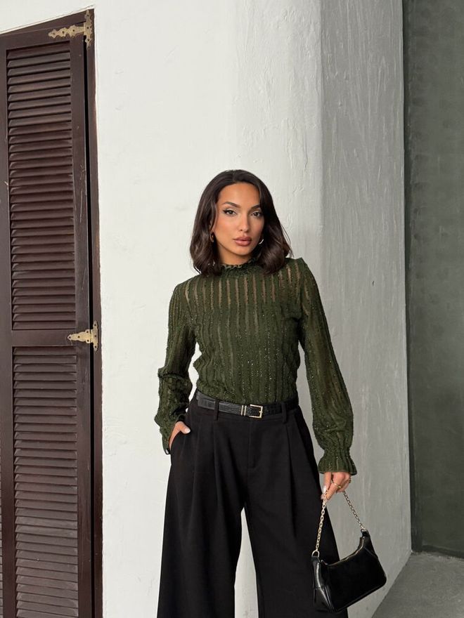 Topshow Camicetta Verde Elegante Slim Fit Con Righe Di Paillettes Abbigliamento all'ingrosso Lavoro