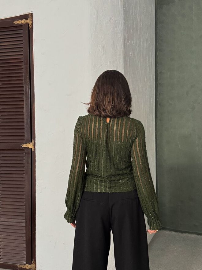 Topshow Camicetta Verde Elegante Slim Fit Con Righe Di Paillettes Abbigliamento all'ingrosso Annata