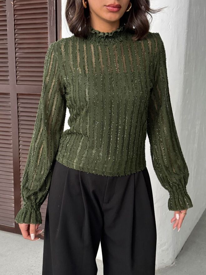 Topshow Camicetta Verde Elegante Slim Fit Con Righe Di Paillettes Abbigliamento all'ingrosso Primavera