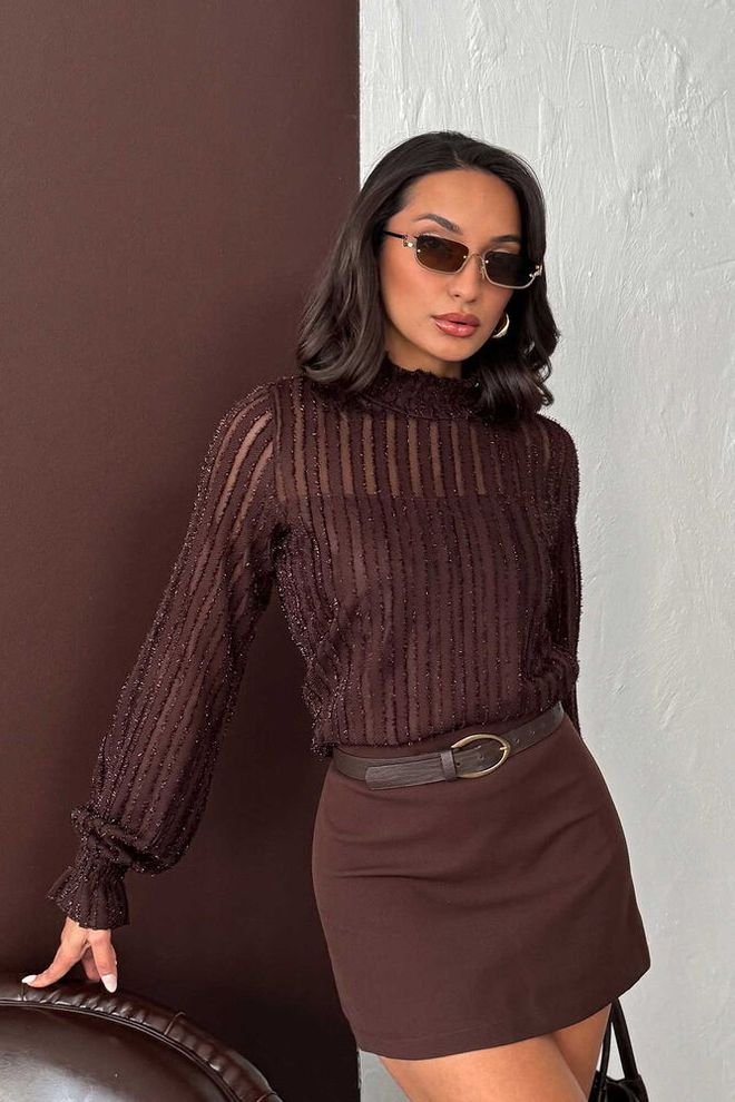 Topshow Camicetta Marrone Elegante A Righe Con Maniche Con Volant Abbigliamento all'ingrosso Elegante