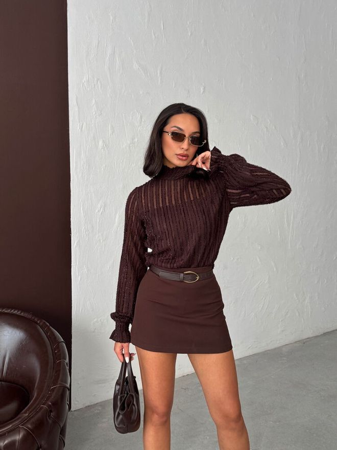 Topshow Camicetta Marrone Elegante A Righe Con Maniche Con Volant Abbigliamento all'ingrosso Lavoro