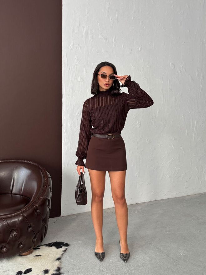 Topshow Camicetta Marrone Elegante A Righe Con Maniche Con Volant Abbigliamento all'ingrosso 1