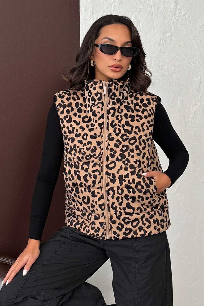 Topshow Bej Bol Kalıp Hayvan Baskılı Yelek Toptan Giyim Gündelik