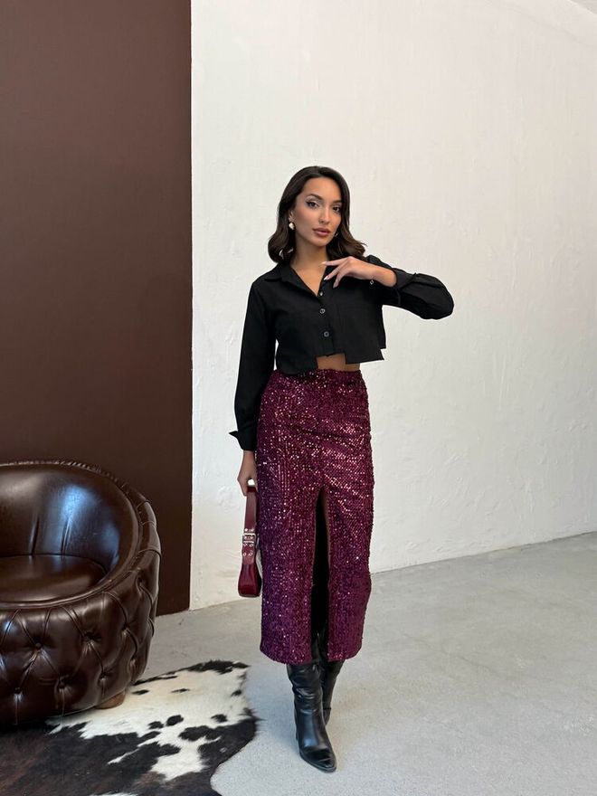 Topshow Falda Rojo Clarete Con Lentejuelas Lápiz Midi Cintura Alta Ropa al por mayor 1