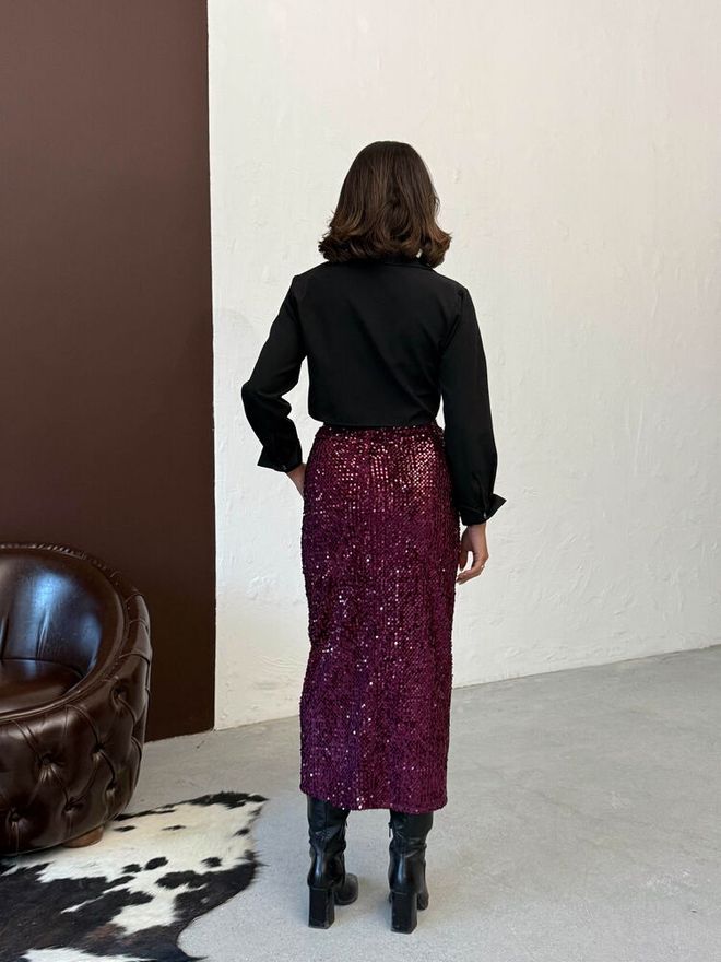 Topshow Falda Rojo Clarete Con Lentejuelas Lápiz Midi Cintura Alta Ropa al por mayor Formal