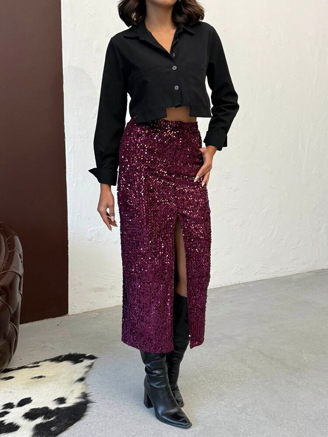 Topshow Falda Rojo Clarete Con Lentejuelas Lápiz Midi Cintura Alta Ropa al por mayor Primavera