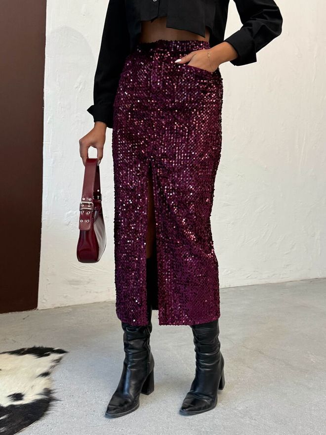 Topshow Falda Rojo Clarete Con Lentejuelas Lápiz Midi Cintura Alta Ropa al por mayor Cóctel