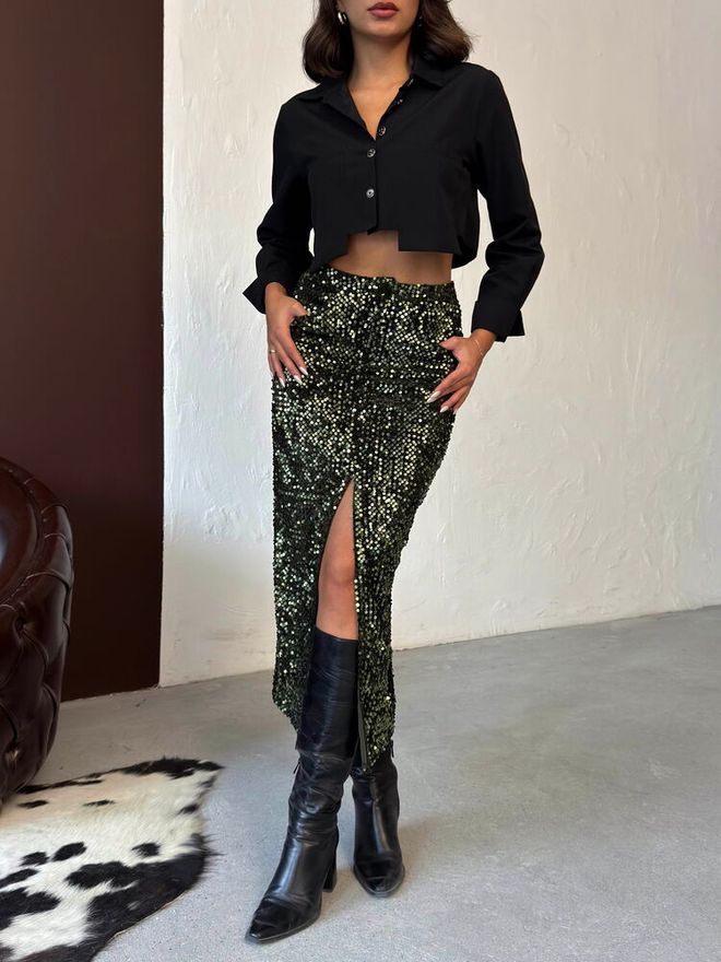 Topshow Falda Midi Verde Con Lentejuelas Y Abertura Ropa al por mayor 1