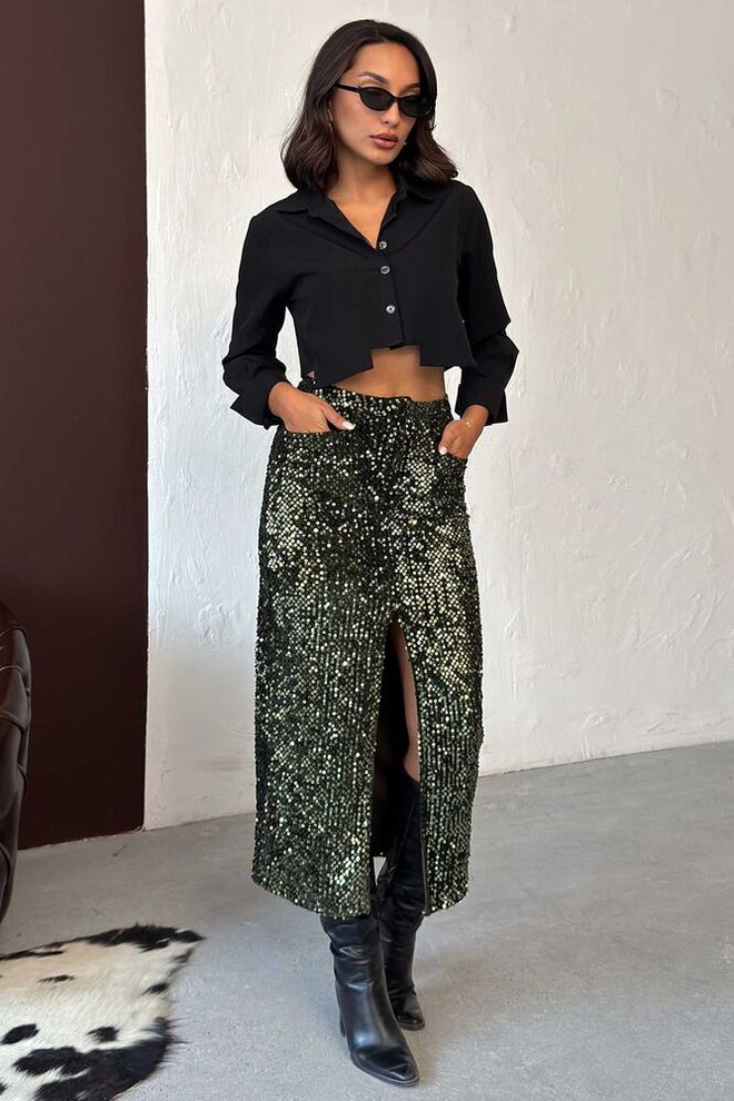 Topshow Groene Sequined Glam Midi Rok Met Split Groothandel Kleding Vintage