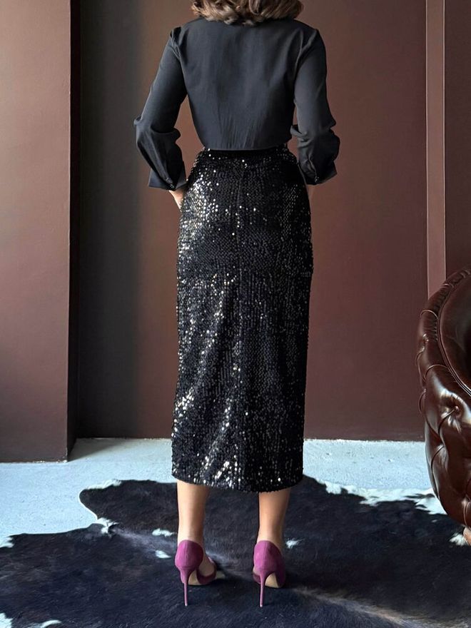 Topshow Falda Midi Negra De Cintura Alta Con Lentejuelas Y Abertura Ropa al por mayor Formal