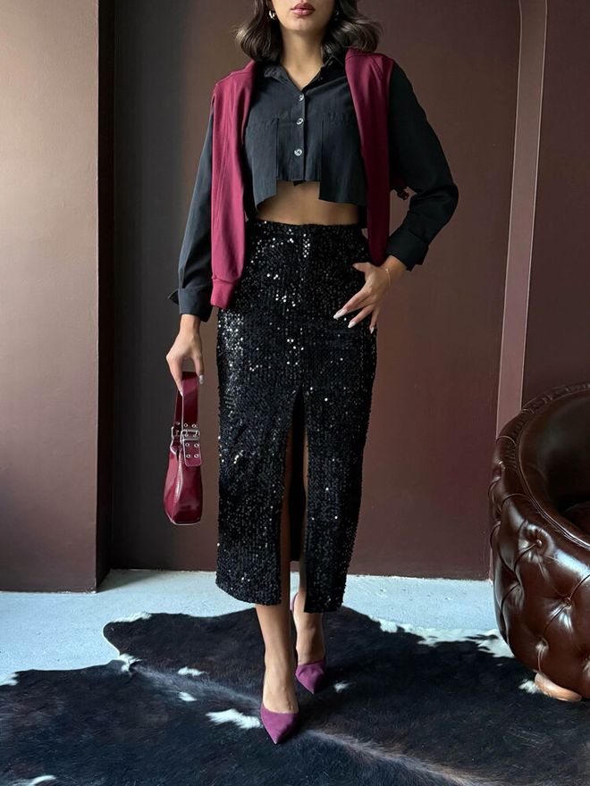 Topshow Falda Midi Negra De Cintura Alta Con Lentejuelas Y Abertura Ropa al por mayor Primavera